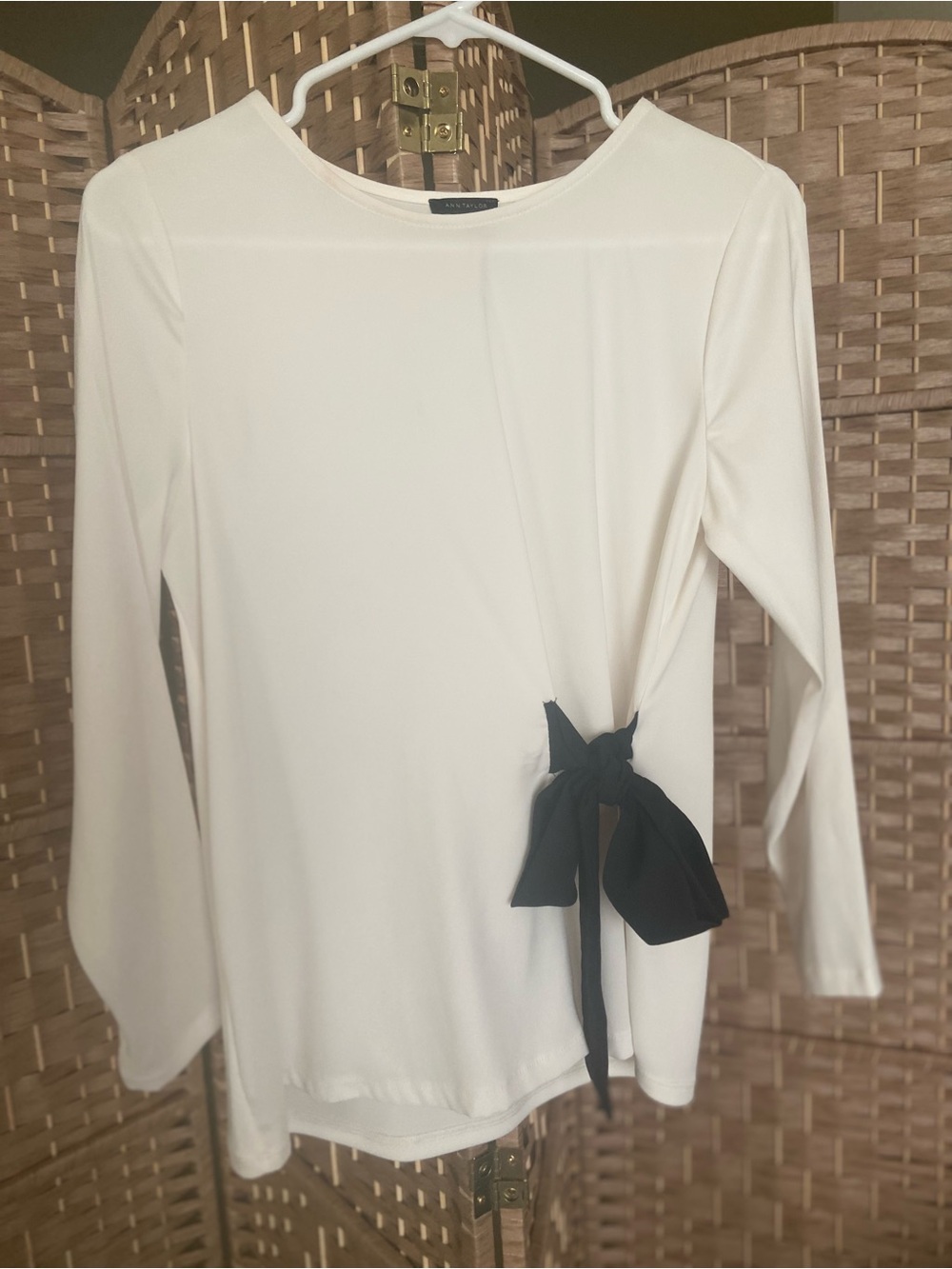 Ann Taylor Cream Long Sleeve Top with Black Side Tie